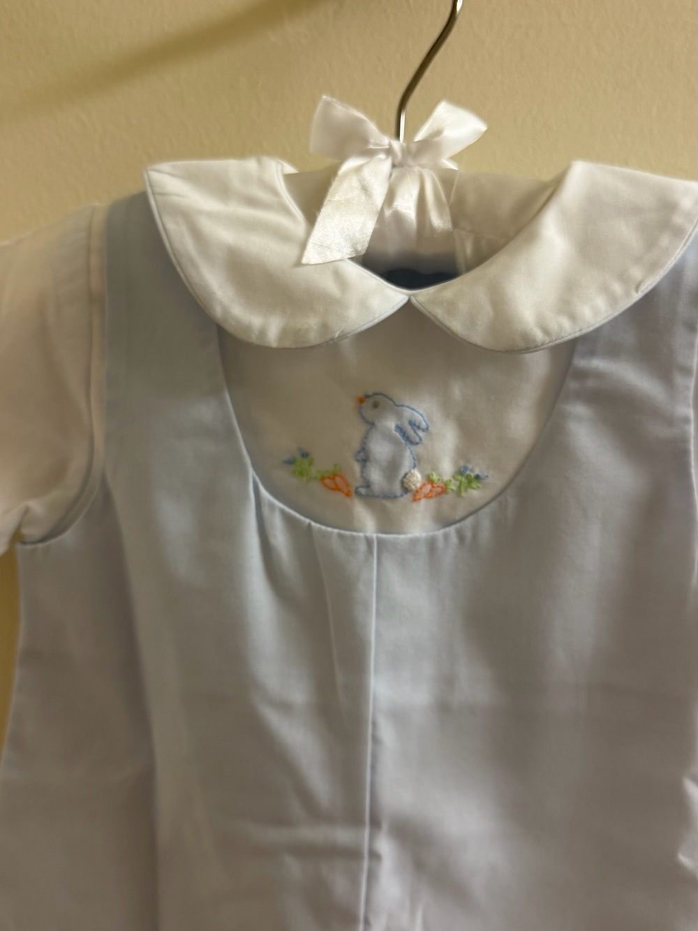 Petit Ami Light Blue Baby Romper with White Peter Pan Collar and Bunny Embroider